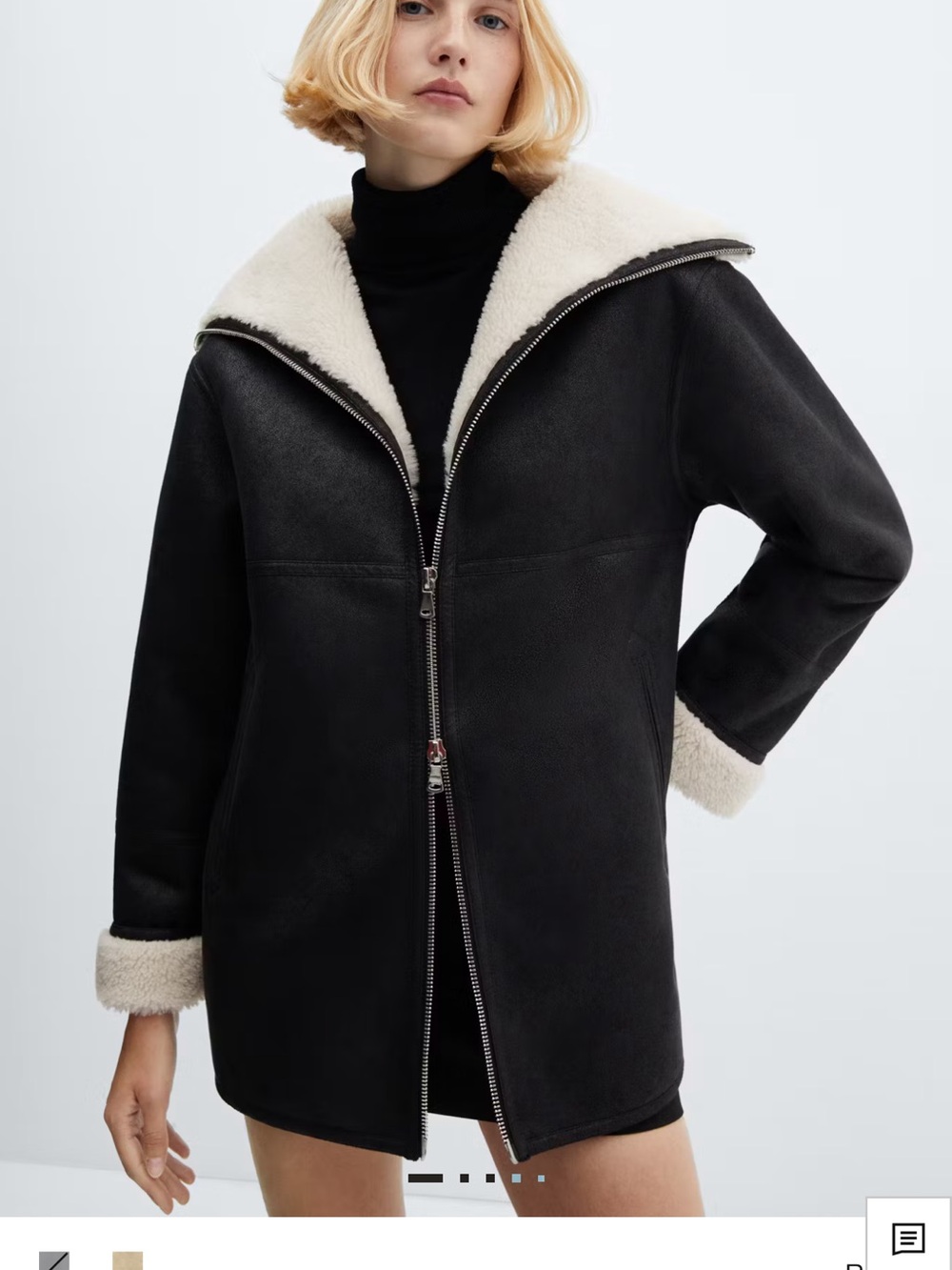 Beautiful Mango Black Faux Suede Jacket Cream Shearling Trim sz Med. Like New